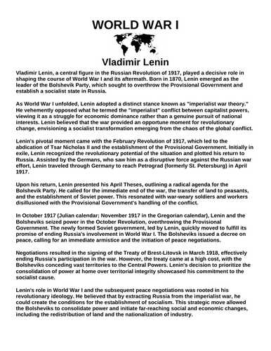 Vladimir Lenin “Article & Questions” Assignment (World War I)