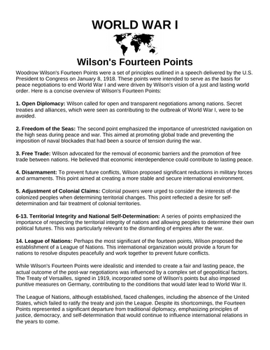 Wilson's Fourteen Points “Article & Questions” Assignment (World War I)