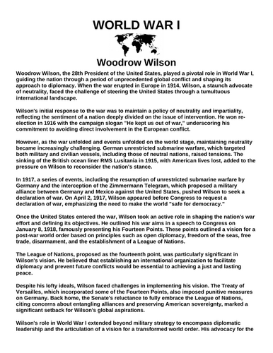 Woodrow Wilson “Article & Questions” Assignment (World War I)