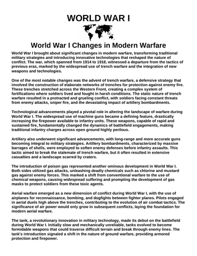WWI Changes in Modern Warfare “Article & Questions” Assignment (World War I)
