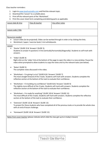 COVER SHEET & LESSON RECORD