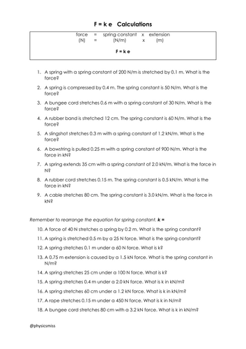 GCSE Physics Worksheets [F = k e] Calculations w solutions