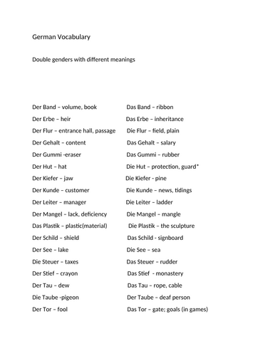 A LEVEL GERMAN REVISION: German words spelt same different genders denoting different  meaning