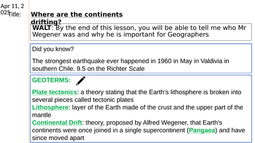 KS3 Continental Drift and Plate Tectonics: L2 Where are the continents drifting?