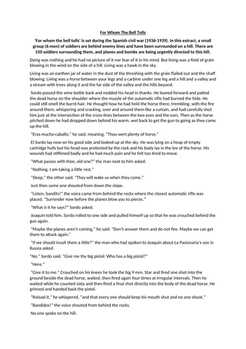 Language Paper 1 Question 1-4 For whom the bell tolls, Hemingway