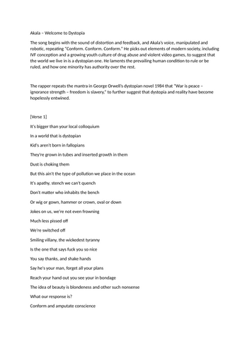 Rap Music/Poetry Analysis using Akala Welcome to Dystopia.