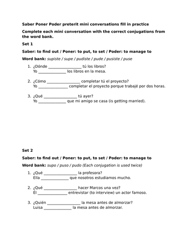Saber Poner Poder preterit mini conversations fill in practice