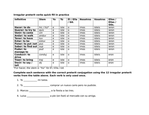 Irregular preterit verbs quick fill in practice