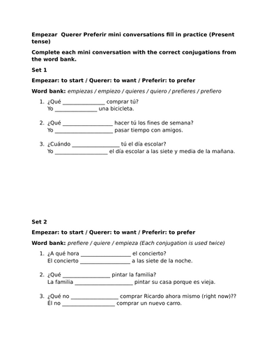 Empezar Querer Preferir mini conversations fill in practice (Present tense)