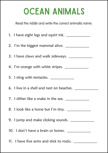 Printable Ocean Animals Activity Worksheets for Grade 2, 3, 4 - Sea Animals