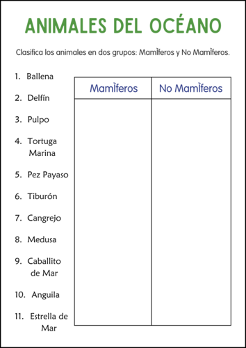 Ocean Animals Worksheets in Spanish - Hoja de Trabajo de Animales Oceánicos