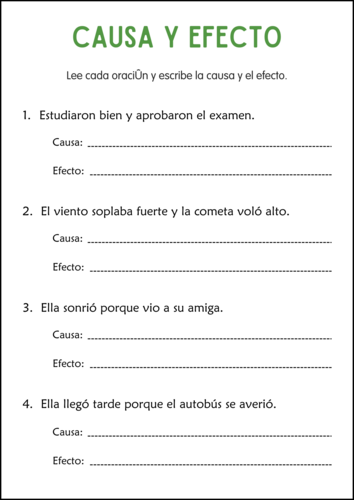 Cause and Effect Worksheets in Spanish - Hojas de Trabajo de Causa y Efecto