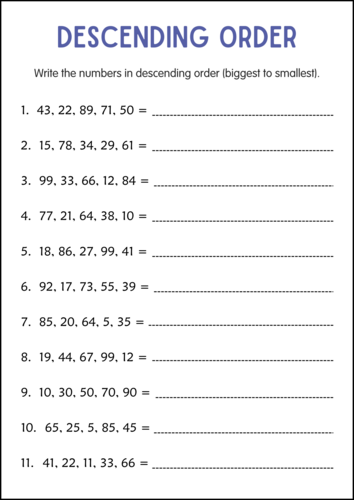 Printable Ascending and Descending Order Numbers Worksheets for Grade 2, 3, 4