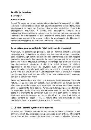 Étranger - Albert Camus - Themes - Role of Nature
