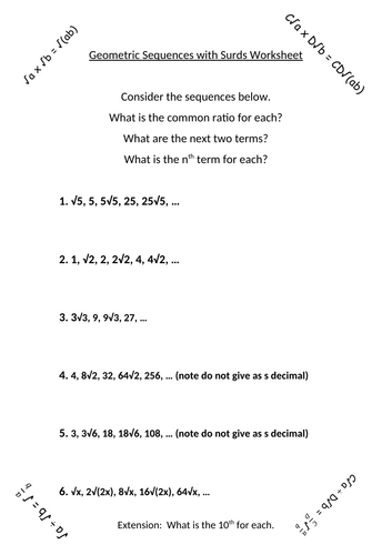 Geometric Sequences with Surds Worksheet - with answers