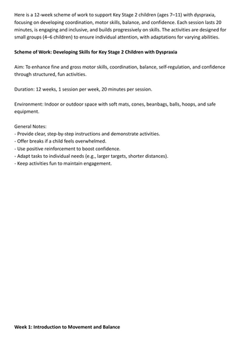 SOW Dyspraxia KS2 (12 weeks)