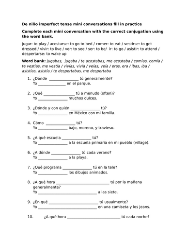 De niño imperfect tense mini conversations fill in practice