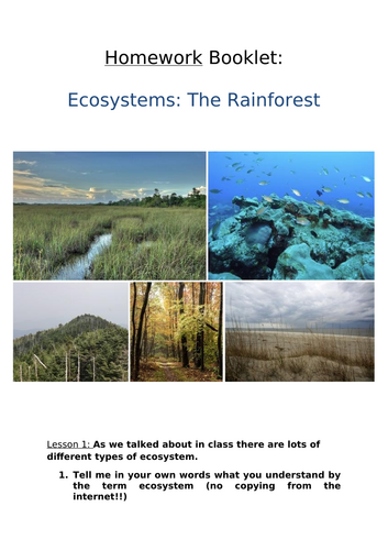 Geography KS3 Ecosystems Homework Booklet. 8 tasks.