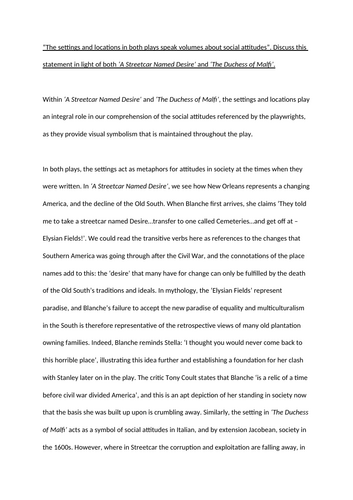 A* A Level 'Streetcar' and 'Malfi' Comparison Essay: Setting