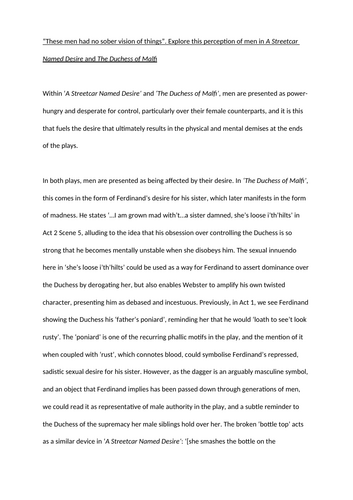 A* A Level 'Streetcar' and 'Malfi' Comparison Essay: Masculinity