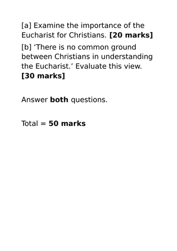 A-Level RS: 2020 Eucharist Past Paper Plan + Model - Eduqas Christianity