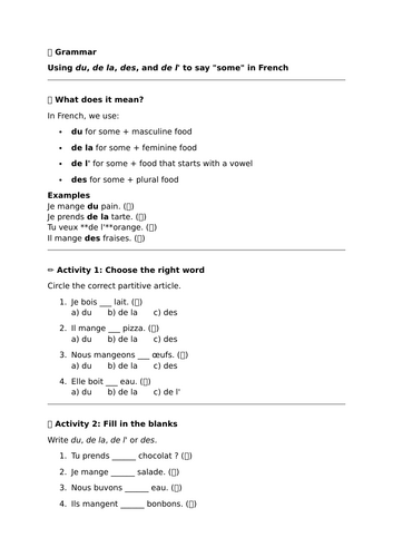 Studio 1 - Module 2 - Miam miam! - Grammar - du, de la, des, de l' – Saying "Some" in French