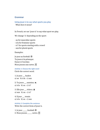 Studio 1 - Module 3 - Tu es sportif/ve - Grammar - Using jouer à to say what sports you play