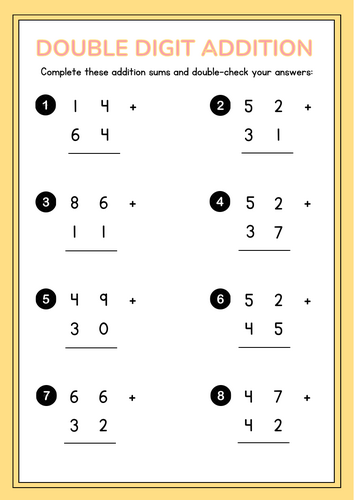 Mathematics Double-Digit Addition Worksheet in Colorful Simple Style