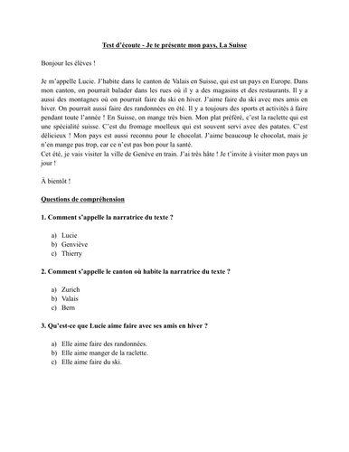 French reading comprehension activity - La Suisse