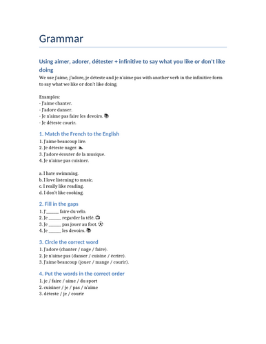 Studio 1 - Module 3 - J'aime faire ça - Grammar - Using aimer, adorer, détester + infinitive
