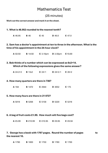 11 plus (GL) Maths Test 1
