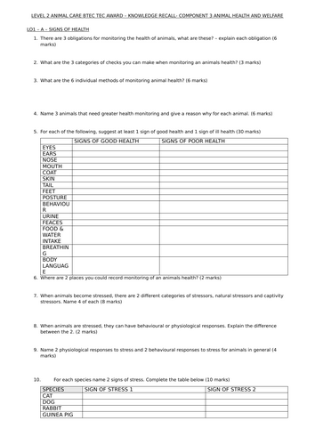 BTEC TEC AWARD  LEVEL 2 ANIMAL CARE REVISION RESOURCES - COMPONENT 3 - ANIMAL HEALTH & WELFARE