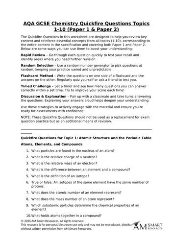 AQA GCSE Chemistry Quickfire Questions Topics 1-10 (Paper 1 & Paper 2)