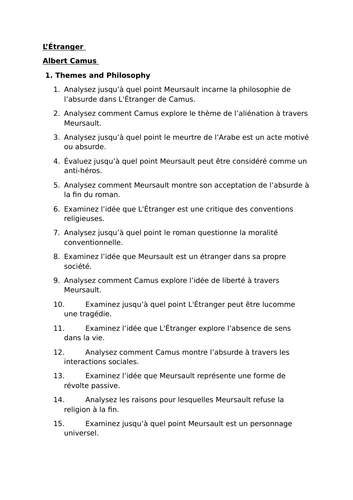 L’Étranger - Albert Camus - Practice Essay Titles