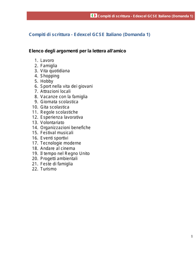 Edexcel GCSE ITALIAN Writing Task 1 – 22 Practice Topics