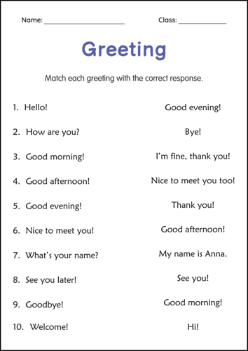 Printable Greeting and Introductions Conversation Activity Worksheets for Grade 2, 3, 4