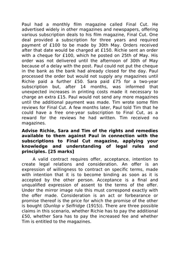 A-Level Law: 2020 Formation Scenario Model Plan + Answer - Eduqas Contract Law