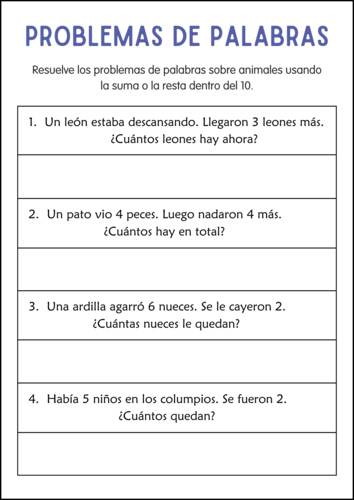 Addition and Subtraction Word Problems Within 10 Worksheets in Spanish