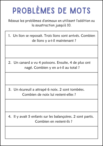 Addition and Subtraction Word Problems Within 10 Worksheets in French