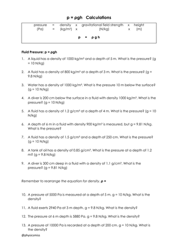 GCSE Physics Worksheets [ p = (rho) g h ] Calculations w solutions
