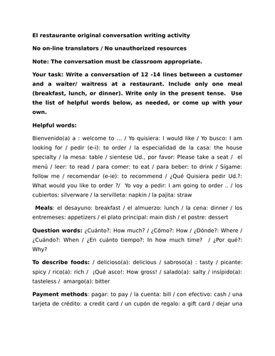 El restaurante original conversation writing activity