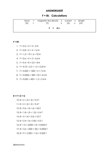GCSE Physics Worksheets [F = BIl] Magnetic Force Calculations w solutions