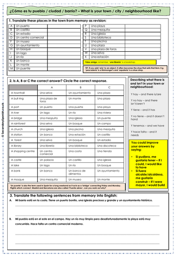 AQA GCSE Spanish: neighbourhood (mi barrio y yo) worksheets bundle