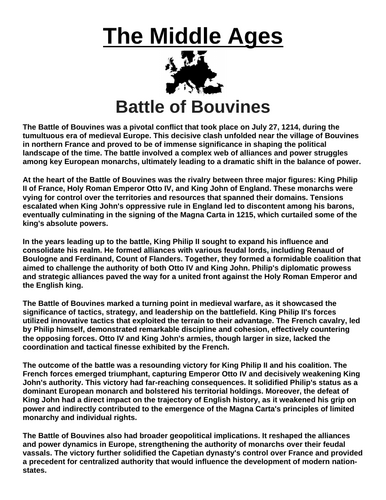 Battle of Bouvines “Article & Questions” Assignment (The Middle Ages)