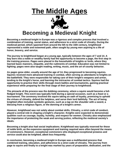 Becoming a Medieval Knight “Article & Questions” Assignment (The Middle Ages)