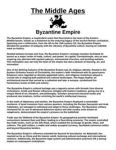 Byzantine Empire “Article & Questions” Assignment (The Middle Ages)
