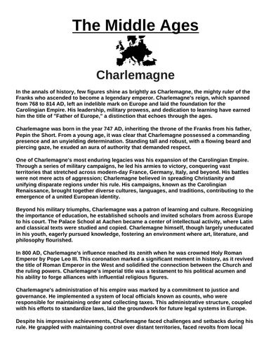 Charlemagne “Article & Questions” Assignment (The Middle Ages)