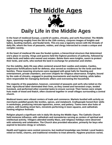 Daily Life in the Middle Ages “Article & Questions” Assignment (The Middle Ages)