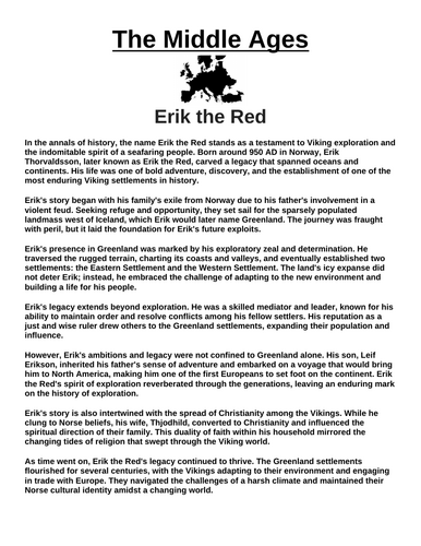 Erik the Red “Article & Questions” Assignment (The Middle Ages)