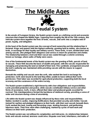 Medieval Feudal System “Article & Questions” Assignment (The Middle Ages)